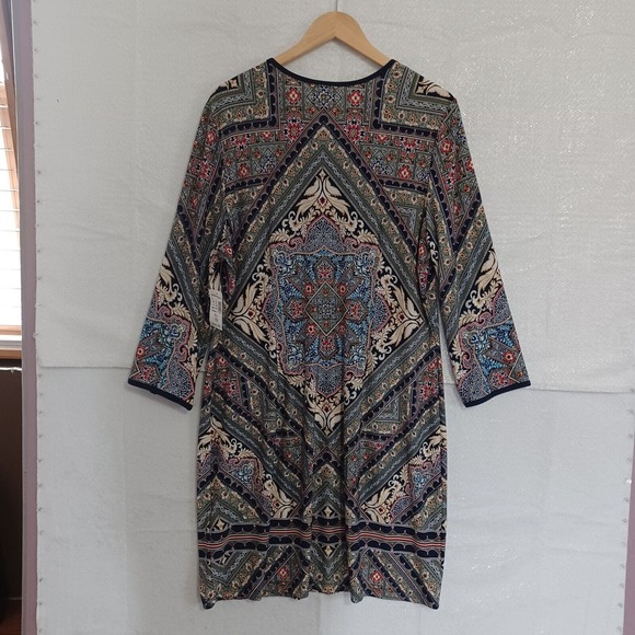 Westport 1962 Size 16 Boho Knit Shift Tie Neck Colorful Print Dress New - Picture 2 of 10